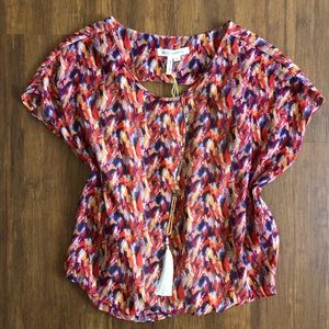 BCBGeneration BCBG Shirt Womens XS X-Small Orange Multi Color Sheer Blouse Top